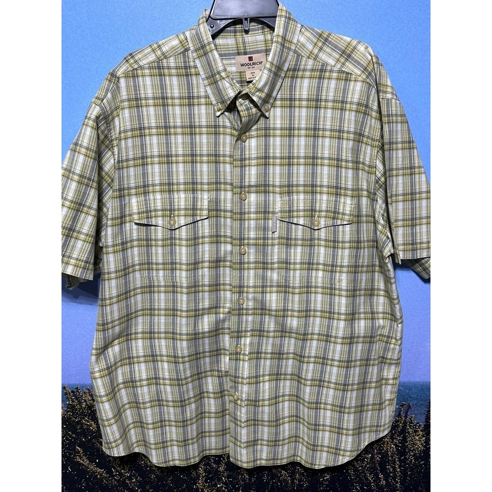 Woolrich Shirt Mens‎ XL Big Olive Green Plaid Button Down Short Sleeve Pockets